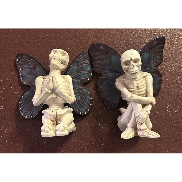 Other - Set Of Two Skeleton Fairy Figurine With Purple & Blue Wings - Resin - 6" Tall
